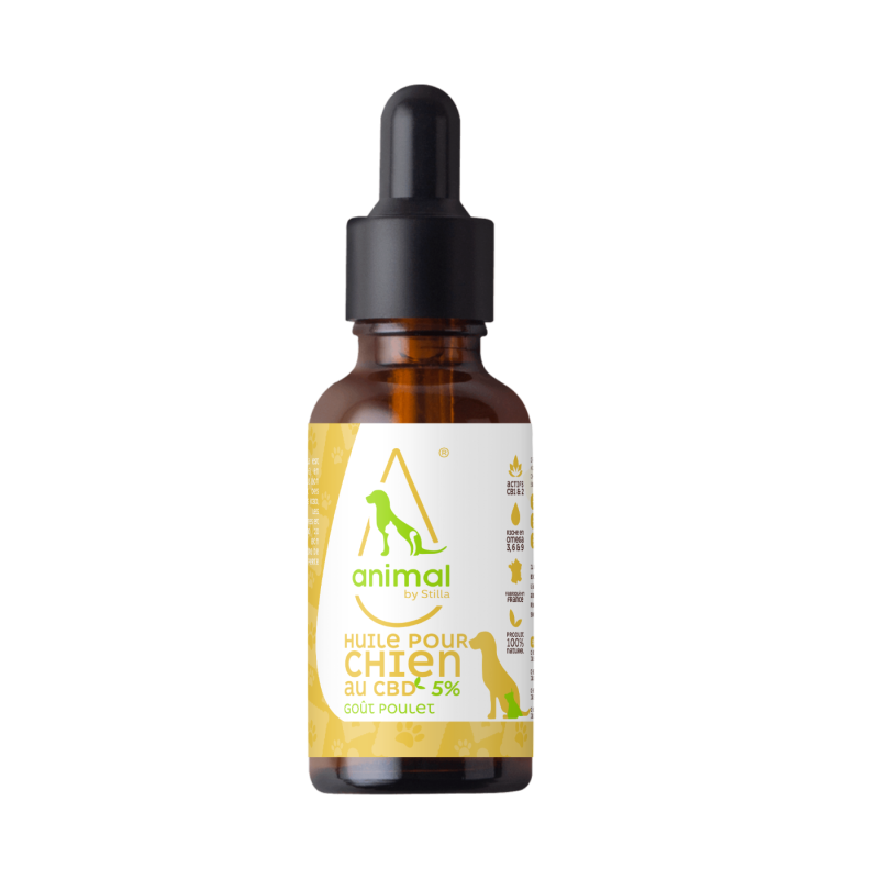 Huile CBD pour chiens 5% saveur poulet rôti en format 10ml et 30ml