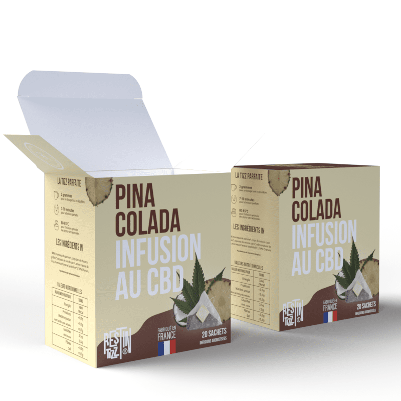 Infusion bio au CBD Pina Colada - 20 infusettes avec morceaux de coco et ananas, chanvre biologique.