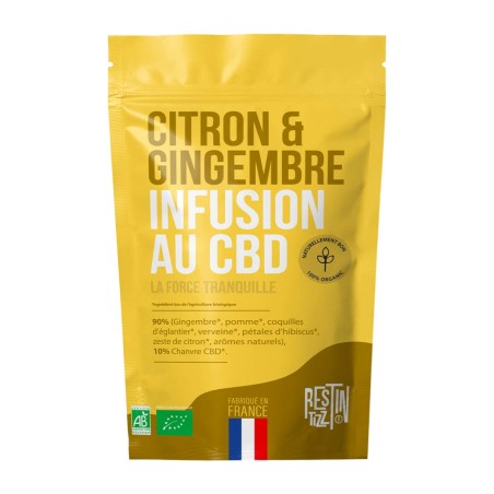 Infusion bio au CBD Citron Gingembre avec feuilles de chanvre et ingrédients 100% naturels