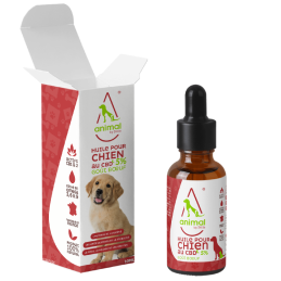 Huile CBD pour chiens 5% saveur bœuf, format 10ml et 30ml, complément naturel apaisant