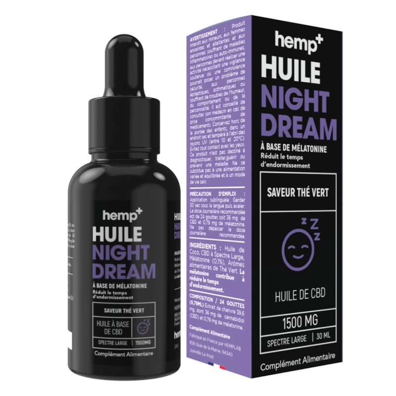 Huile CBD 30ml Night Dream Hemp+ avec 1500mg pour relaxation nocturne