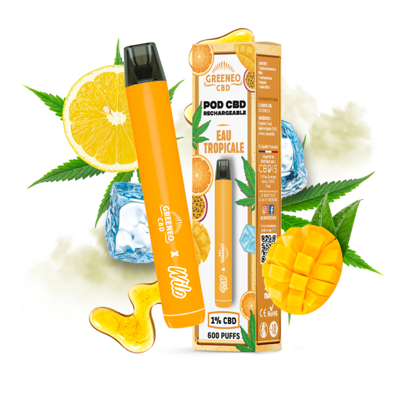 Pod CBD rechargeable saveur eau tropicale mangue agrumes avec e-liquide 1% CBD