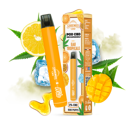 Pod CBD rechargeable saveur eau tropicale mangue agrumes avec e-liquide 1% CBD
