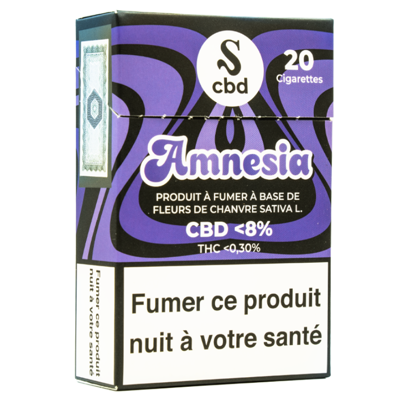 Paquet de 20 cigarettes CBD Amnesia - Fleurs de chanvre Sativa L, moins de 8% de CBD