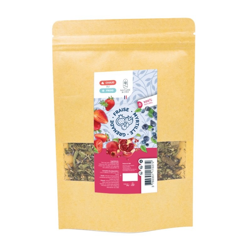 Infusion Thé Vert Grenade Fraise Myrtille CBD - Saveurs fruitées et chanvre 20%