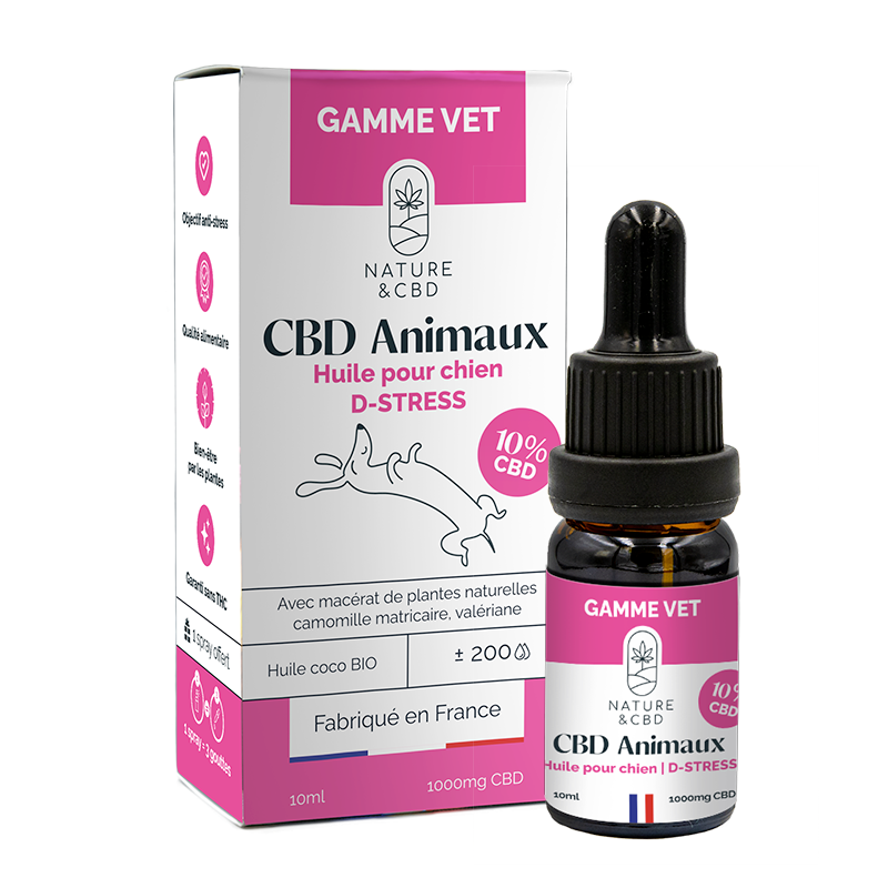 Huile CBD D-Stress 10% pour chien - Anti-stress naturel à base de chanvre et plantes